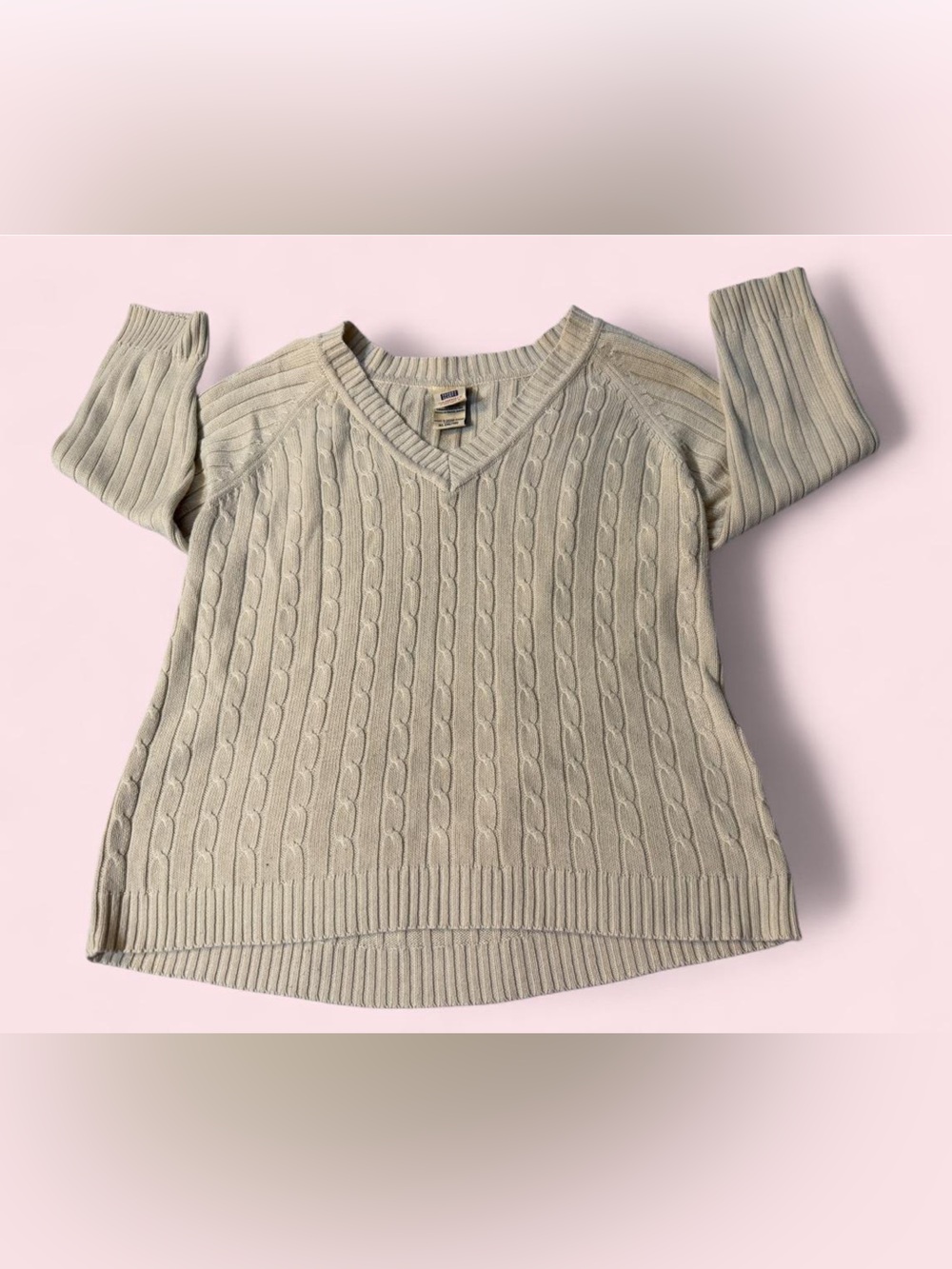 Faded Glory Vintage 1990s Cream Cable Knit V Neck Fall Layering Sweater
